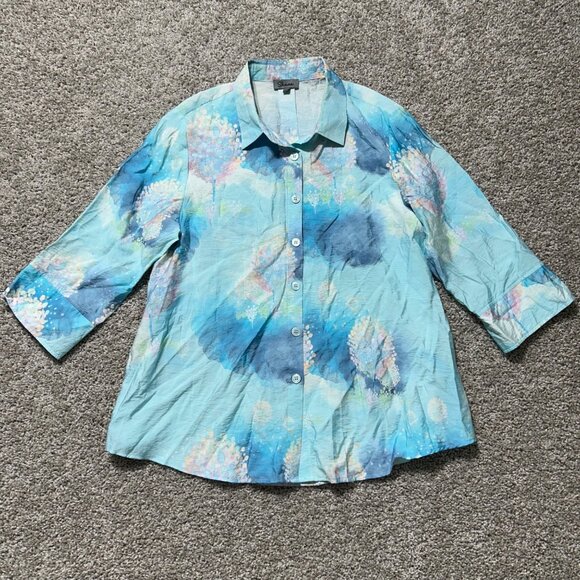 Shana Size Medium Fairy Tale Trees Button Up Aqua Blue Long Sleeve Coastal Shirt - Picture 12 of 14
